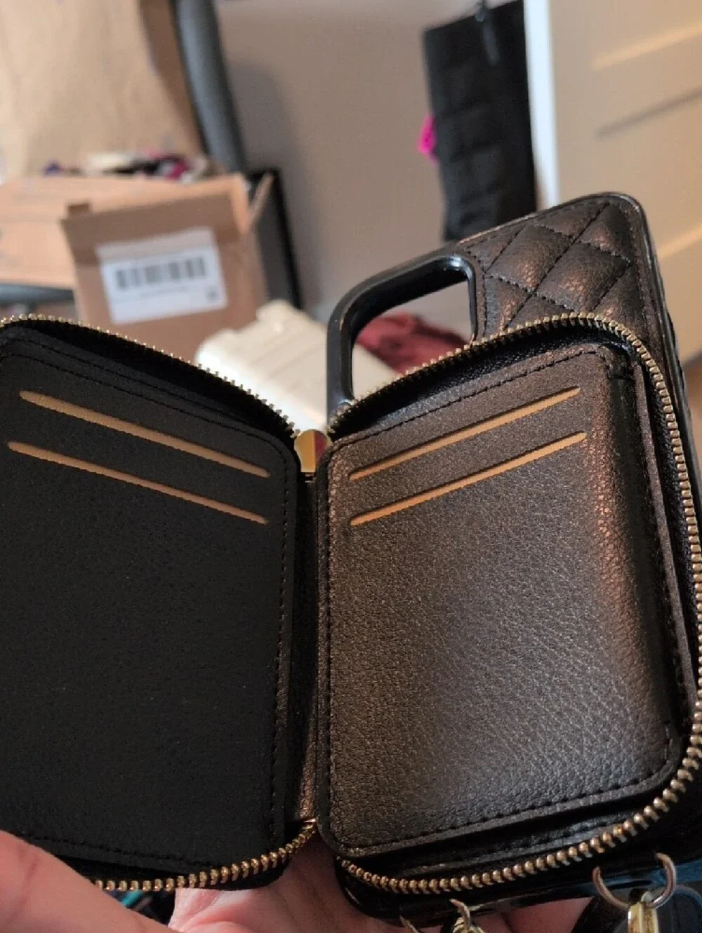 Quilted Black Zipper Phone Case with Card Pocket - Compatible Cell Accessory